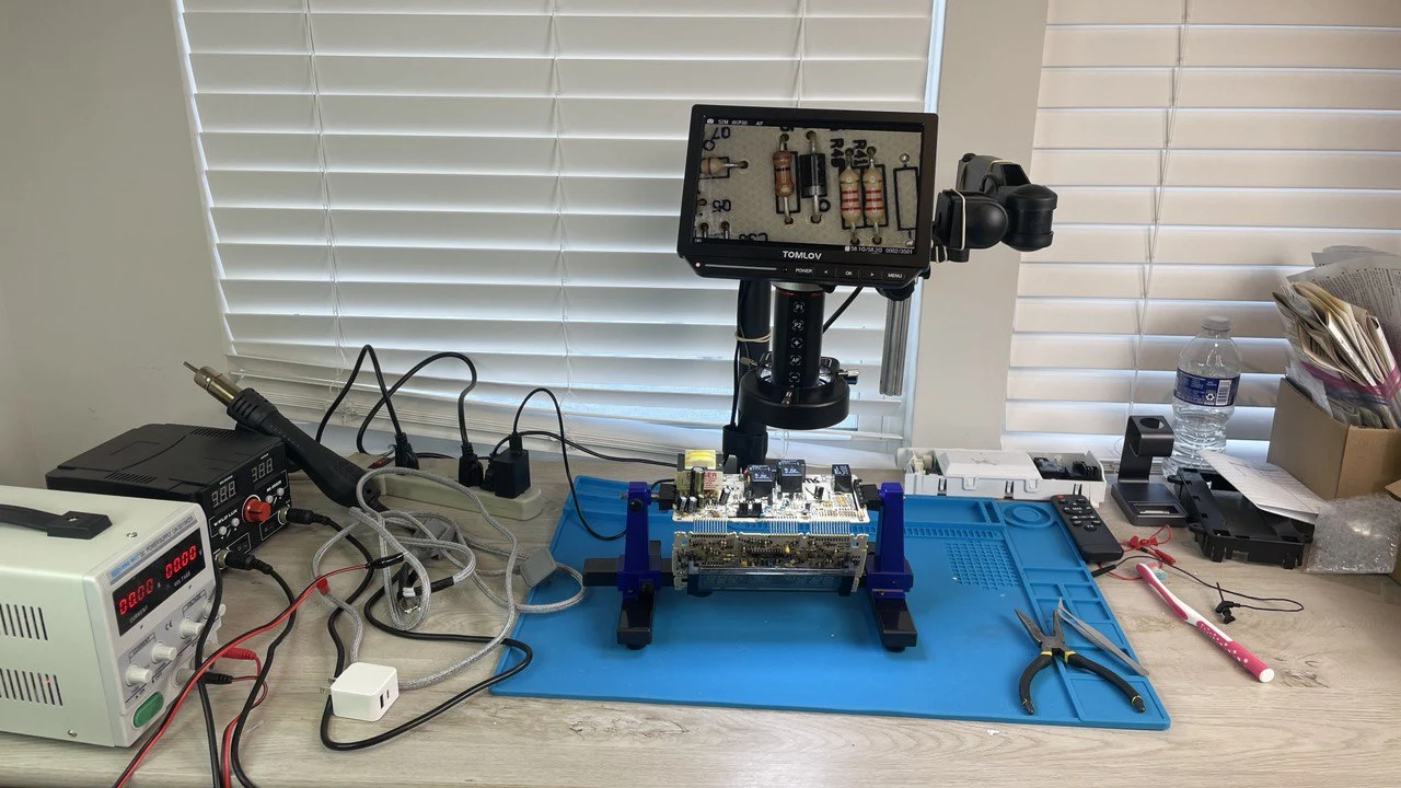 Electronics repair microscope soldering station